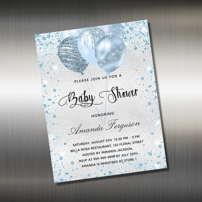 Carte Magnétique Baby shower argent bleu ballons d'invitation aiman (Créateur téléchargé)