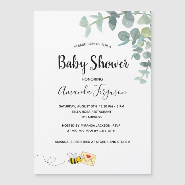 Carte Magnétique Baby shower eucalyptus verdure abeille mignonne (Devant)