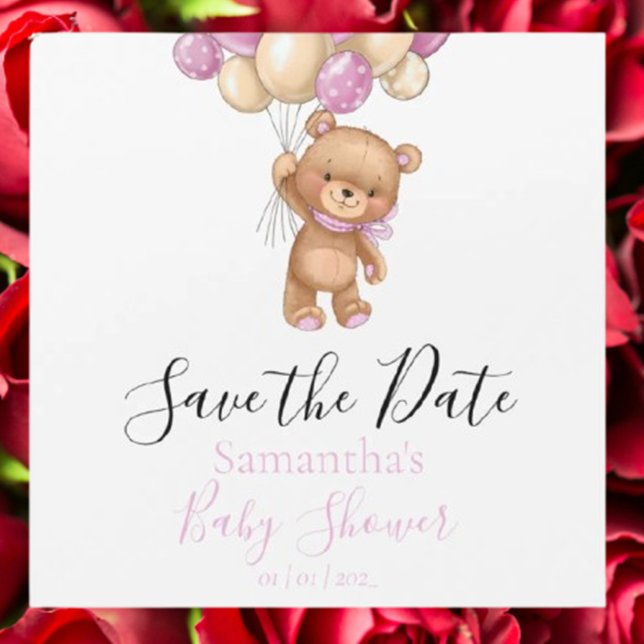 Carte Magnétique Baby shower rose Teddy Bear Balloon Enregistrer la (Celebrate your special day with our Teddy Bear Balloon Pink Baby Shower Save the Date)