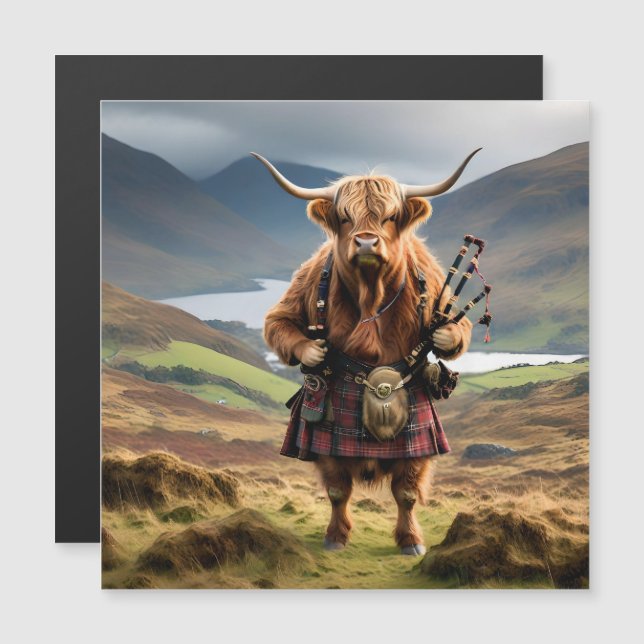 Carte Magnétique Bagpiper de vache écossaise Highland (Devant / Derrière)