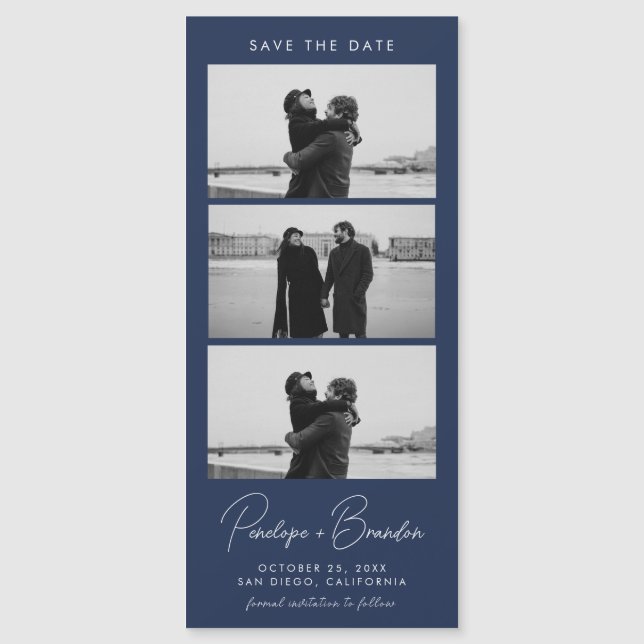 Carte Magnétique Bande photo moderne bleu marine Mariage magnétique (Devant)