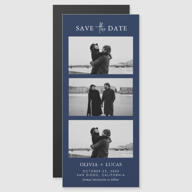 Carte Magnétique Bande photo stylée Mariage magnétique bleu marine (Devant / Derrière)