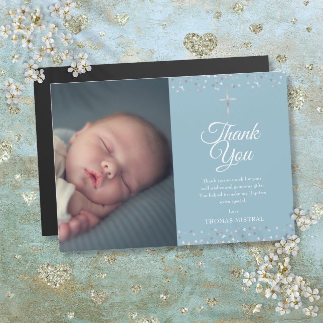 Carte Magnétique Baptême Christening Silver Hearts Photo Merci (Baptism Christening Silver Hearts Photo Thank You)