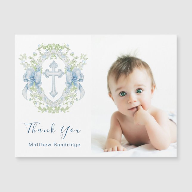 Carte Magnétique Baptême Cross Crest Greenery Baby Boy photo aimant (Devant)