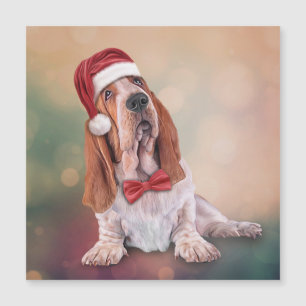 Carte Magnétique Basset Hound en casquette rouge du Père Noël