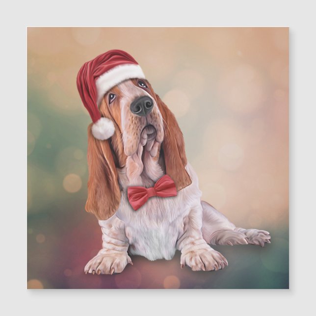 Carte Magnétique Basset Hound en rouge a le Père Noël (Devant)
