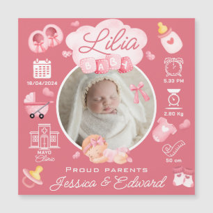 Carte Magnétique Bébé mignon Fille Naissance Statistiques Rose Nouv