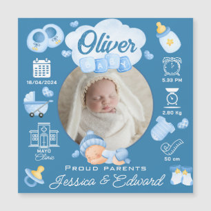 Carte Magnétique Bébé mignon garçon natalité Statistiques Bleu Nouv