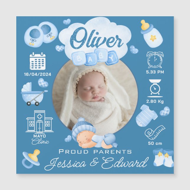 Carte Magnétique Bébé mignon garçon natalité Statistiques Bleu Nouv (Devant)