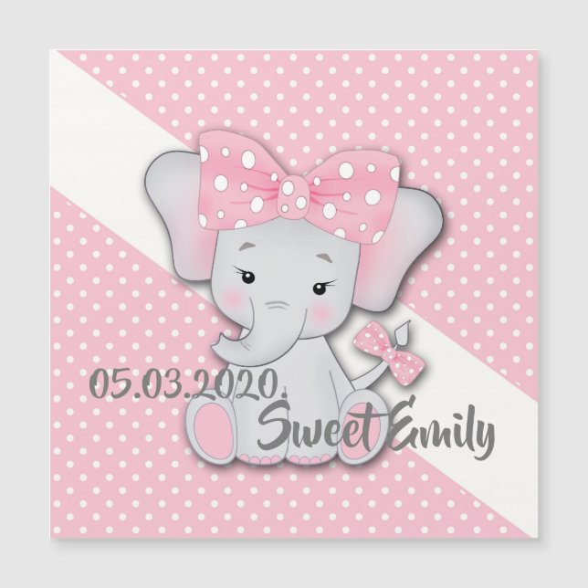 Carte Magnétique Belle caricature bébé éléphant sur une polka blanc (Devant)