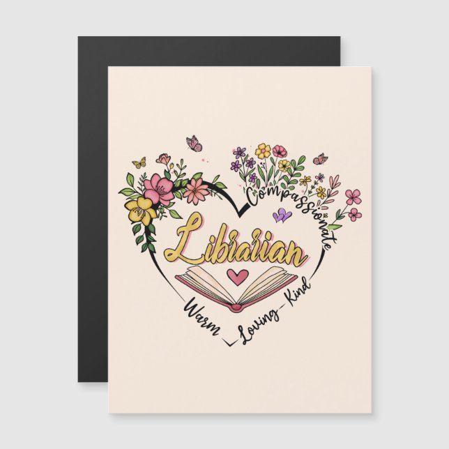Carte Magnétique Bibliothécaire compatissante - Floral Heart Design (Devant / Derrière)