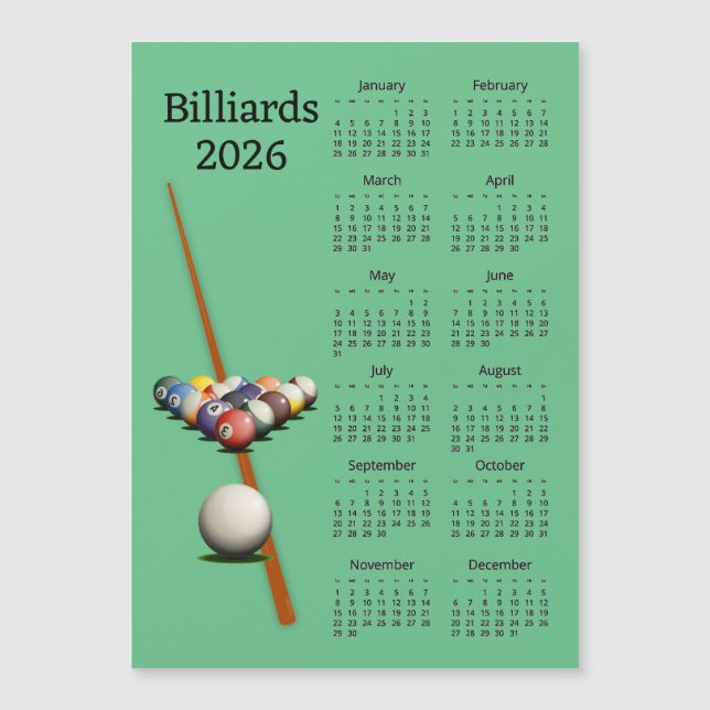 Carte Magnétique Billiards Pool 2026 Calendar Magnetic Card (Devant)