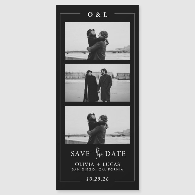Carte Magnétique Black Photo Strip Monogram Border Magnetic Wedding (Devant)