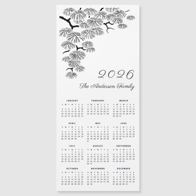 Carte Magnétique Black White Pine Branch Botanical Calendar 2026 (Devant)