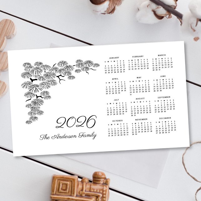 Carte Magnétique Black White Pine Branch Botanical Calendar 2026 (Créateur téléchargé)