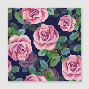 Carte Magnétique Bleu foncé, Roses Roses Rose Aquarelle.