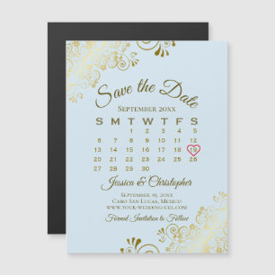 Carte Magnétique Bleu & Or Mariage Enregistrer la date Calendrier M