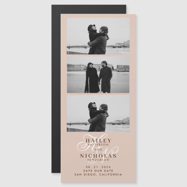 Carte Magnétique Boho Beige Monogramme Bande Photo Mariage magnétiq (Devant / Derrière)
