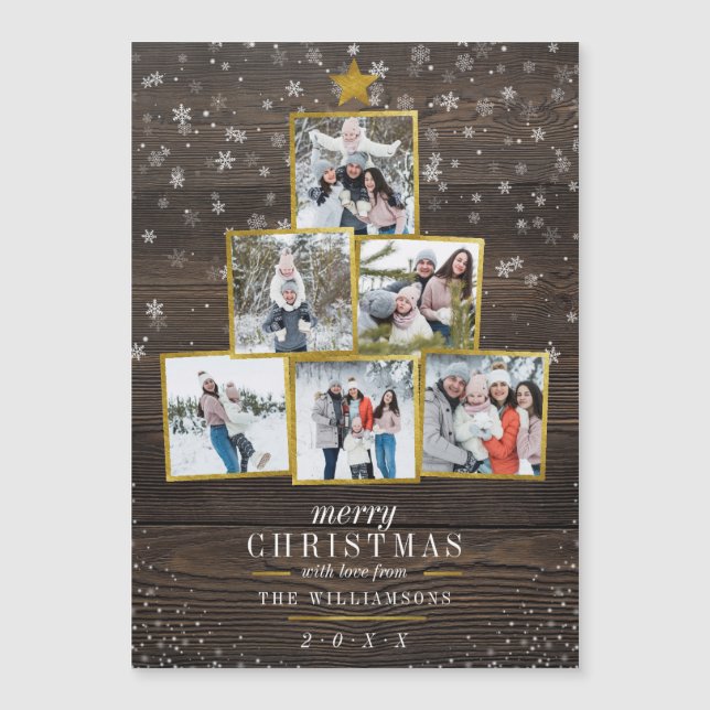 Carte Magnétique Bois rustique et cadre photo doré Arbre de Noël (Devant)
