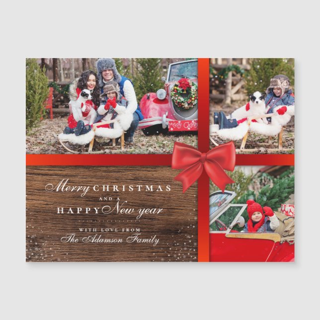 Carte Magnétique Bois rustique Joyeux ruban de Noël 3 Photo Collage (Devant)