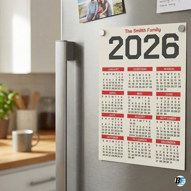 Carte Magnétique Bold Red Black Custom Family Name 2026 Caledar (Créateur téléchargé)