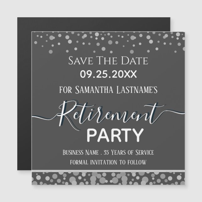 Carte Magnétique Bonne retraite Argent Confetti Enregistrer la date (Devant / Derrière)