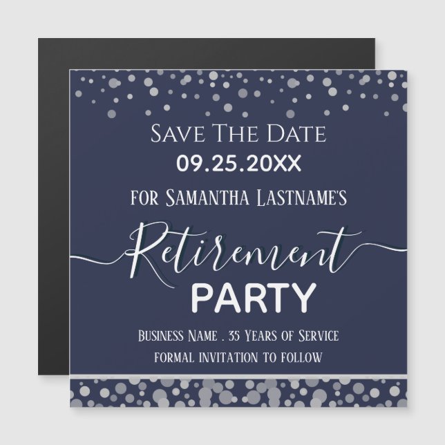 Carte Magnétique Bonne retraite Argent Confetti Enregistrer la date (Devant / Derrière)