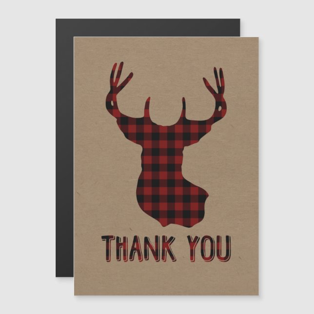 Carte Magnétique Buck Deer Head Red Black Buffalo Plaid Merci (Devant / Derrière)