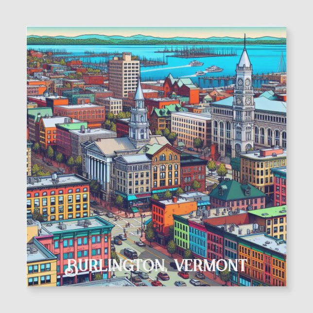 Carte Magnétique Burlington, Vermont Bande Dessinée Style Artistiqu (Devant)