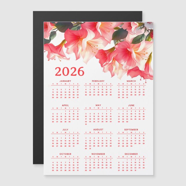 Carte Magnétique Calendar 2026 with flowers (Devant / Derrière)