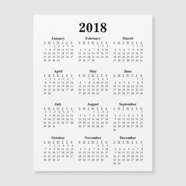Carte Magnétique Calendrier 2018 en blanc (Devant)