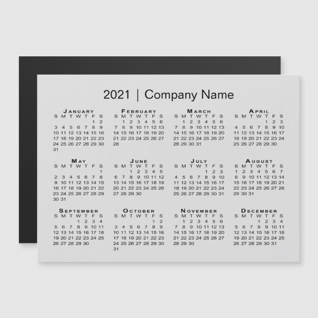 Carte Magnétique Calendrier 2021 avec nom de société Grey (Devant / Derrière)