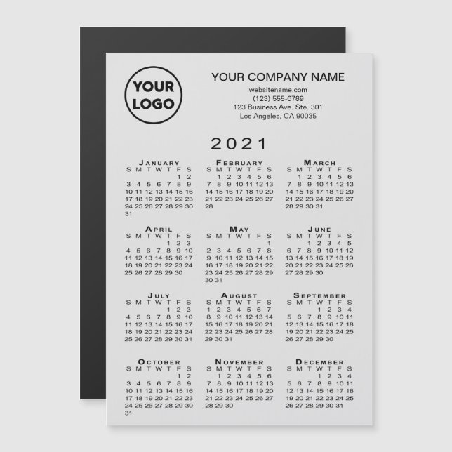 Carte Magnétique Calendrier 2021 - Logo d'entreprise - Gris de text (Devant / Derrière)