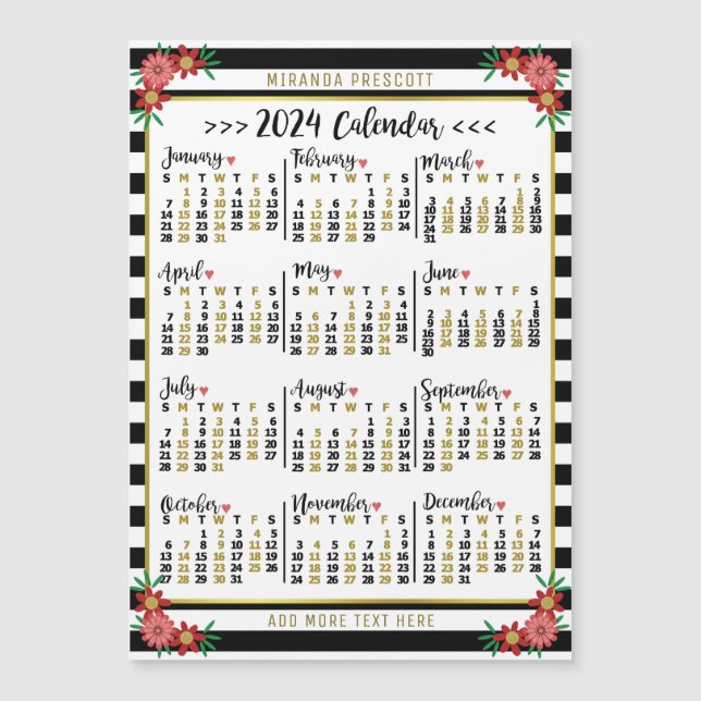 Carte Magnétique Calendrier 2024 Année Bande noire Nom floral Magne (Devant)