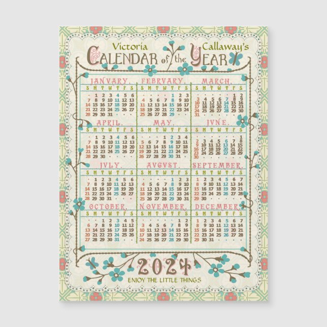 Carte Magnétique Calendrier 2024 Art Nouveau Victorien Petit aimant (Devant)