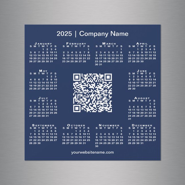 Carte Magnétique Calendrier 2025 Affaires personnalisées QR Code Ma (2025 Calendar Custom Business QR Code Navy Magnet in situ)