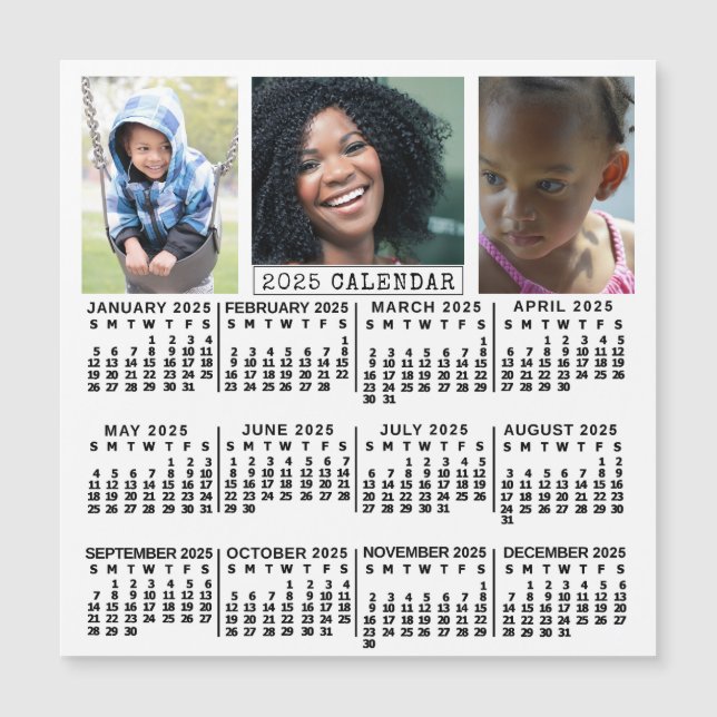 Carte Magnétique Calendrier 2025 Année Blanc | 3 Photo Collage Magn (Devant)