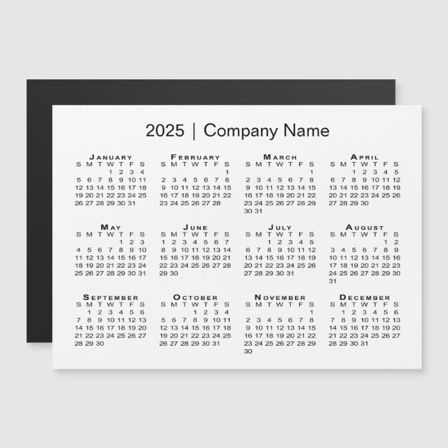 Carte Magnétique Calendrier 2025 avec nom de société Aimant blanc (Devant / Derrière)