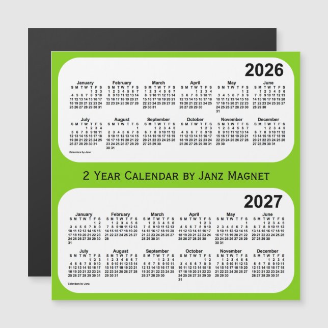 Carte Magnétique Calendrier 2026-2027 Vert Jaune 2 Année par Janz (Devant / Derrière)