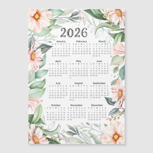 Carte Magnétique Calendrier 2026 Aquarelle Eucalyptus Orange Floral (Devant)