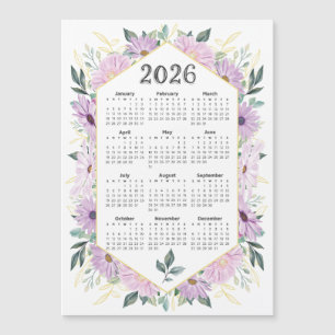Carte Magnétique Calendrier 2026 Aquarelle violet vert botanique