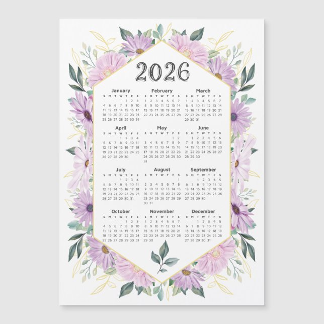 Carte Magnétique Calendrier 2026 Aquarelle violet vert botanique (Devant)