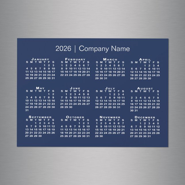 Carte Magnétique Calendrier 2026 avec nom de l'entreprise Marine Bl (2026 Calendar with Company Name Navy Blue Magnet in situ)