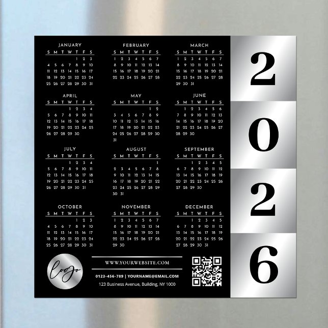 Carte Magnétique Calendrier 2026 Business Logo QR Code Black & Silv (Créateur téléchargé)