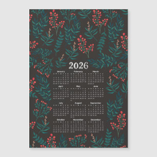 Carte Magnétique Calendrier 2026 Feuilles verts et rouge floral noi