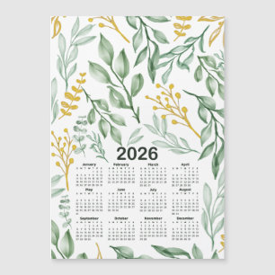 Carte Magnétique Calendrier 2026 Feuilles verts & Floral jaune doré