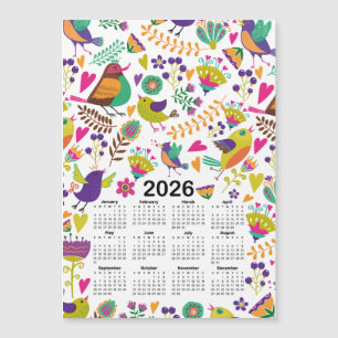 Carte Magnétique Calendrier 2026 Oiseaux et fleurs roses et violett