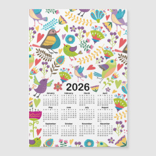 Carte Magnétique Calendrier 2026 Oiseaux multicolores et fleurs