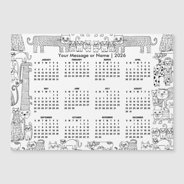 Carte Magnétique Calendrier 2026 pour chats avec message ou nom per (Devant)