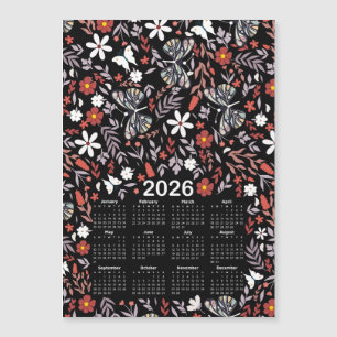 Carte Magnétique Calendrier 2026 Whimsical Floral & Butterfly Black